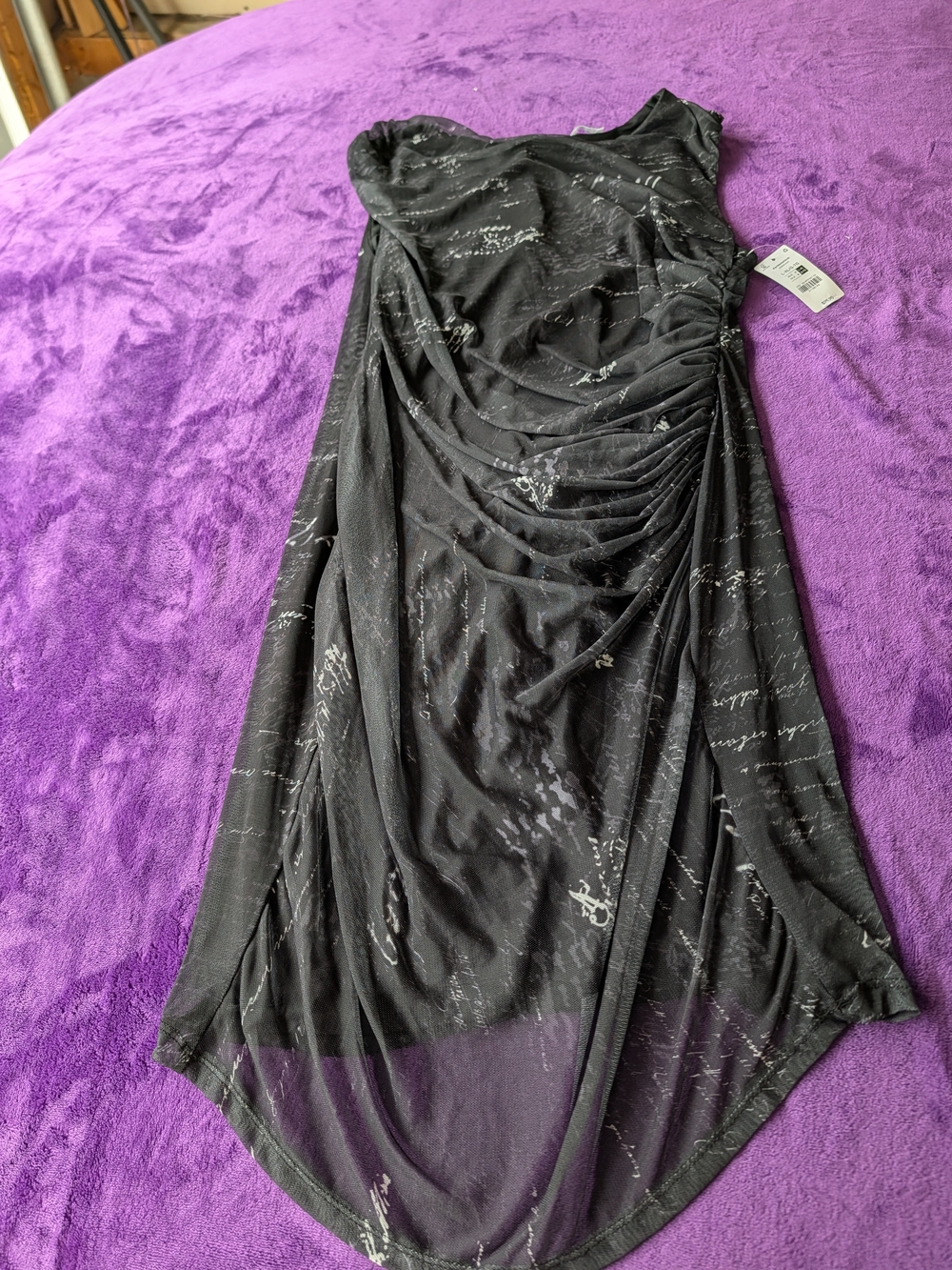 Ardene Black Ruched Asymmetrical Script-Print Dress